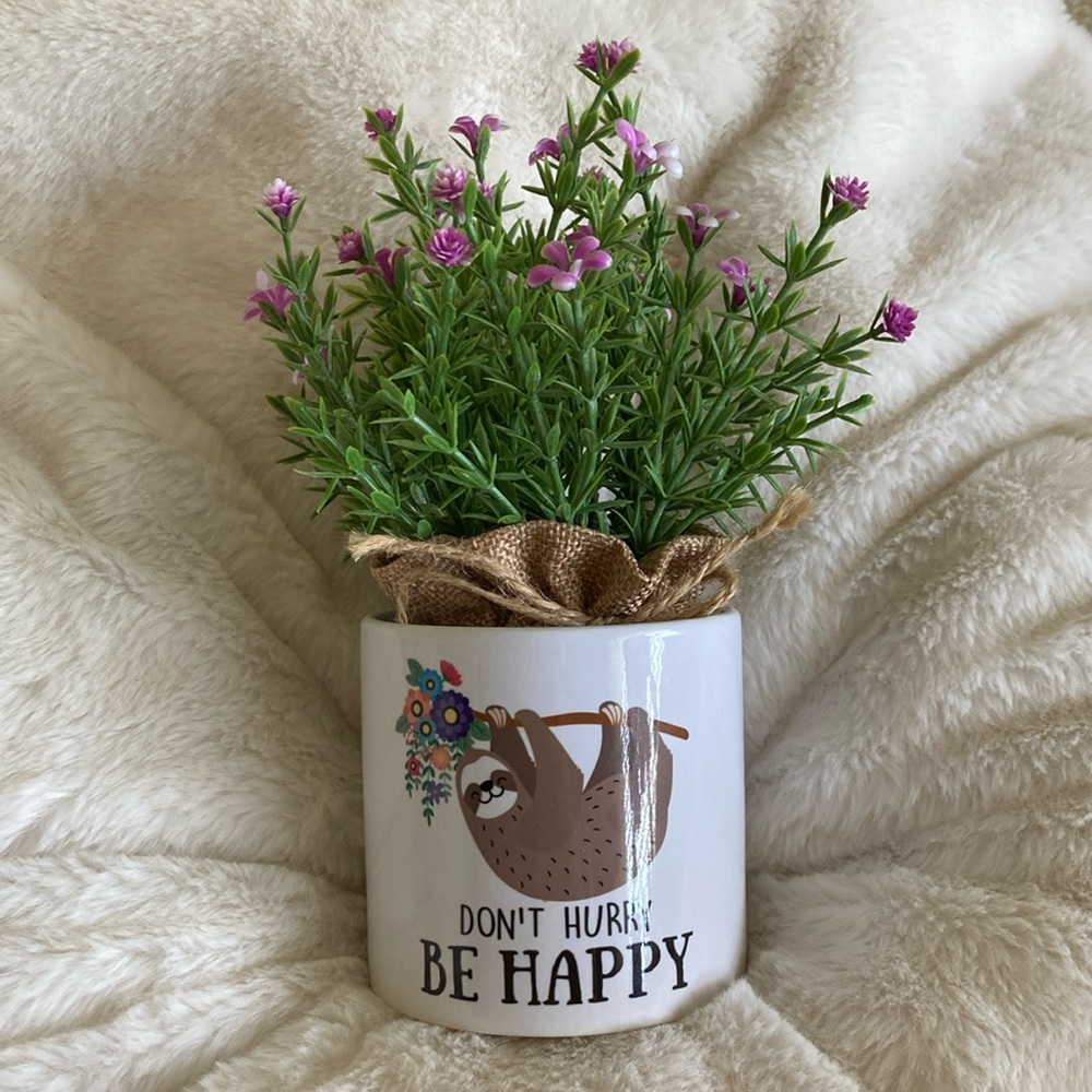 Sloth-Themed Ceramic Planter with Faux Flowers